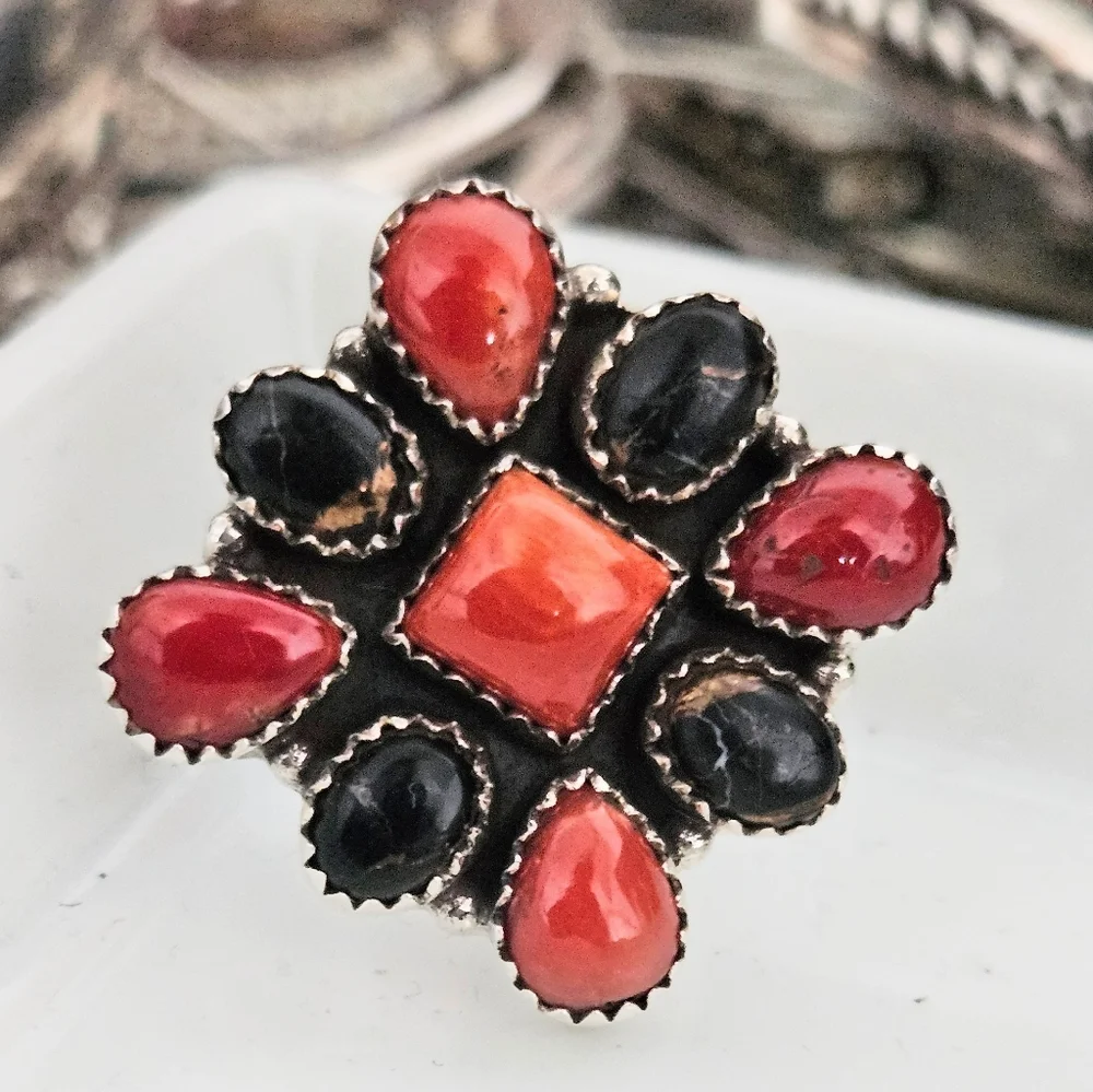 CORAL AND BLACK JACK DAHLIA RING 925 STERLING SILVER SIZE 9.5